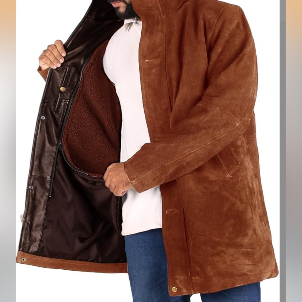 Men's Tan Suede Trench Coat with Removable Faux Fur Lining